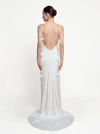 Satin Strappy Maxi Dress with Floral Streamers - White