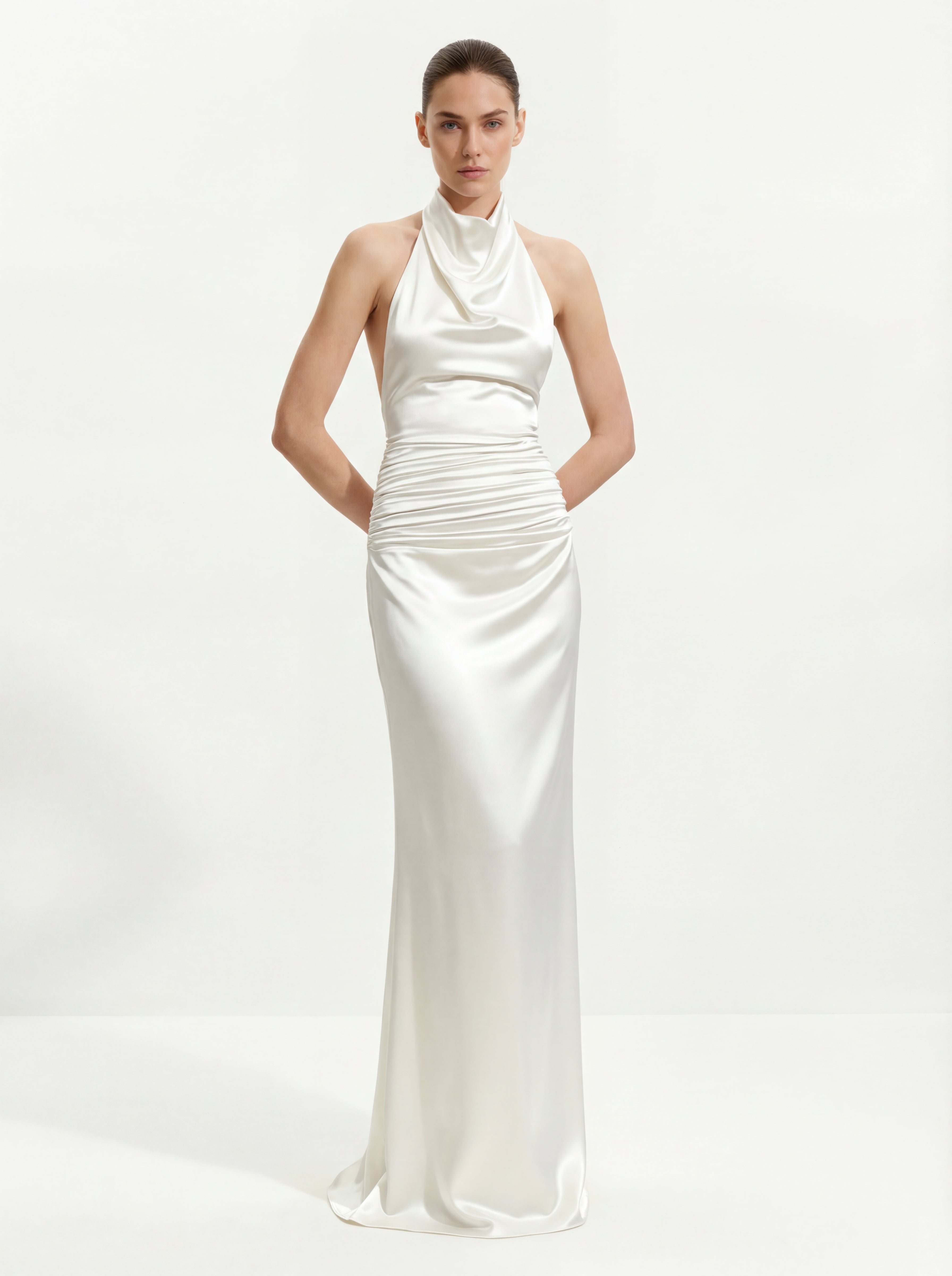 Satin Cowl Neck Ruched Maxi Gown - Dark Chocolate