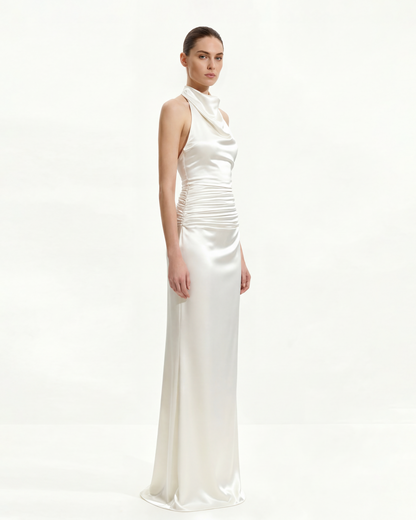 Satin Cowl Neck Ruched Maxi Gown - Dark Chocolate