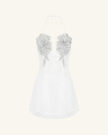 Flower Embroidered Mini Dress - White