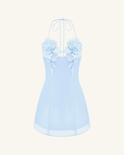 Flower Embroidered Mini Dress - Blue