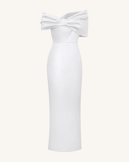 Satin Asymmetric Bow Maxi Dress - White