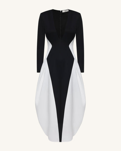 Monochrome Paneled Plunging V-Neck Long-Sleeve Maxi Dress - Black