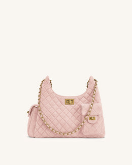 Vivian Faux Suede Quilted Shoulder Bag - Pink