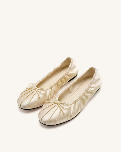 Solenne Ruched Drawstring Satin Ballet Flats - Blue