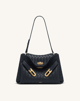 Rhea Woven Texture Double Buckle Shoulder Bag - Navy Blue
