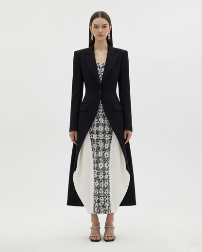 Structured Peak-Lapel Cutaway Maxi Blazer - Black