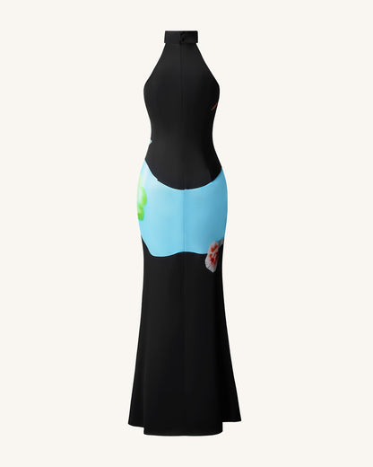 Floral Satin Halter Dress - Multicolor Black