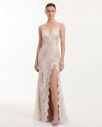 Lace Slit Maxi Dress - White