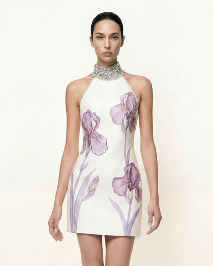 Jeweled Halter Iris Motif Dress - Ivory/Pink