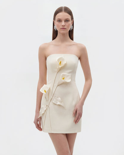 Strapless Floral Appliqué Dress - Black