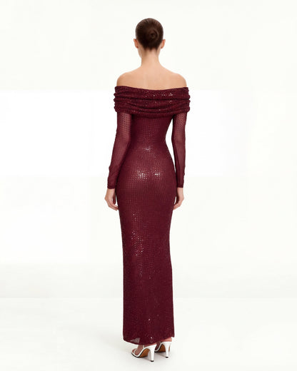 Rhinestone Mesh Off-Shoulder Maxi Dress - Claret