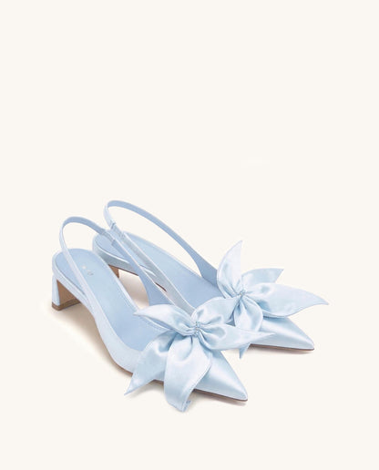 Queena Floral Appliques Slingback Pumps - Blue