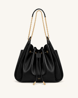 Rowan Ruched Drawstring Chain Bucket Bag - Black