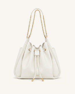 Rowan Ruched Drawstring Chain Bucket Bag - Ivory