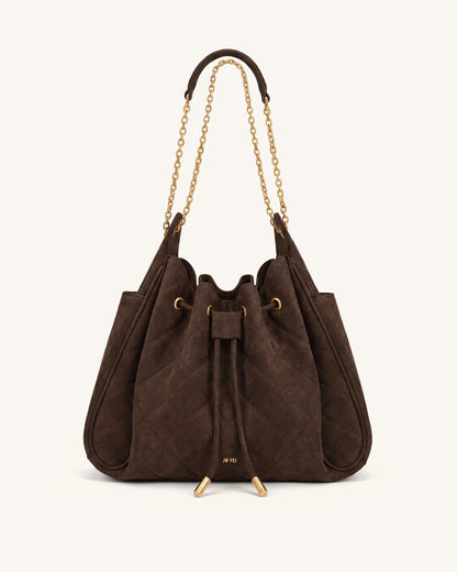 Rowan Faux Suede Quilted Chain Bucket Bag - Dark Brown