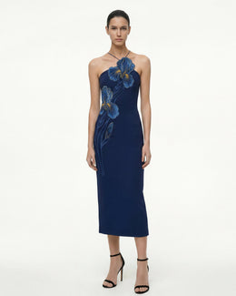 Iris Embroidered Halter Midi Dress - Navy Blue