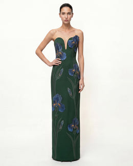 Iris Embroidered Notch Neck Strapless Maxi Dress - Emerald Green