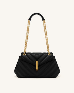 Valerie Quilted Chain Flap Shoulder Bag - Black