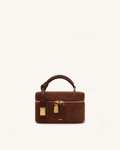 Cleo Faux Suede Box Shape Top Handle Bag - Chocolate Brown