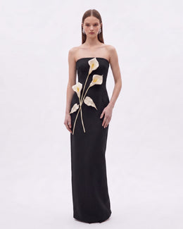 Floral Appliqué Strapless Dress - Black