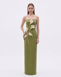 Floral Appliqué Strapless Dress - Olive Green