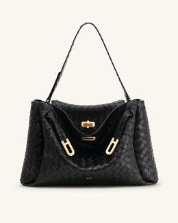 Rhea Large Woven Textured Shoulder Bag - Black