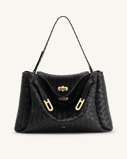Rhea Large Woven Textured Shoulder Bag - Black