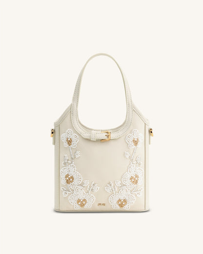 Brooke Mini Belted Embellished Orchid Beaded Top Handle Bag - Ivory