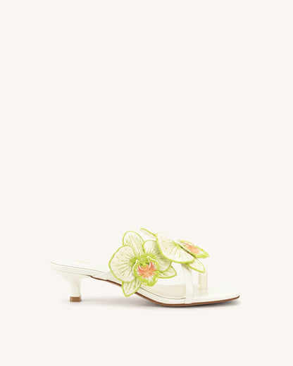 Serena Orchid Embroidered Toe Ring Heeled Sandals - Ivory Green