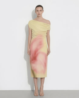 Watercolor Floral Print One-Shoulder Asymmetric Midi Dress - Yellow