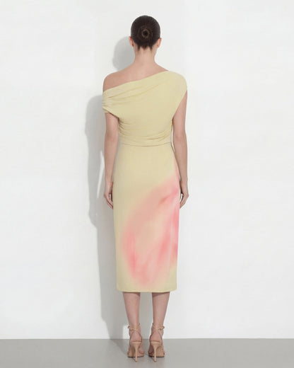 Watercolor Floral Print One-Shoulder Asymmetric Midi Dress - Yellow