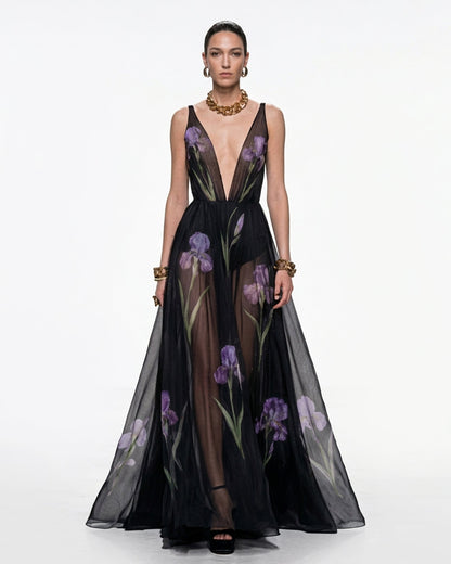 Sheer Floral Print Maxi Dress - Black