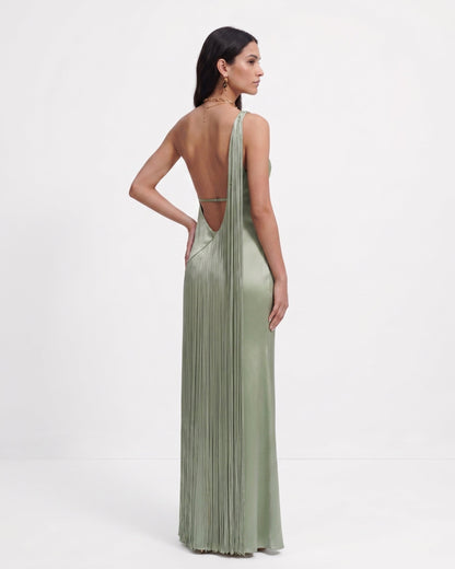 Fringe One Shoulder Maxi Dress - Misty Blue