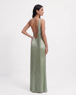 Fringe One Shoulder Maxi Dress - Sage Green