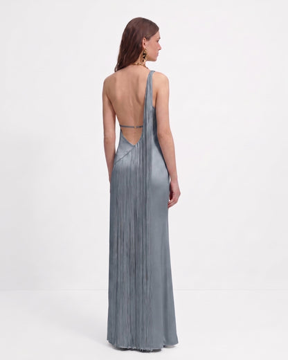 Fringe One Shoulder Maxi Dress - Sage Green
