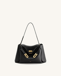 Rhea Pebbled Double Buckle Shoulder Bag - Black