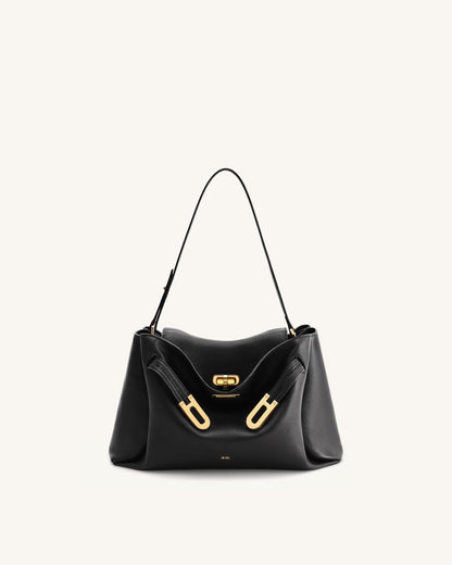 Rhea Pebbled Double Buckle Shoulder Bag - Black