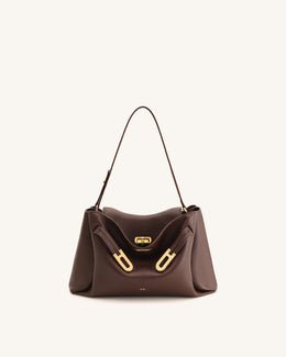 Rhea Pebbled Double Buckle Shoulder Bag - Dark Brown