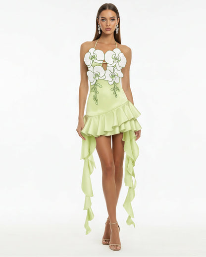 Orchid Embroidered Ruffle Hem Mini Dress - Black