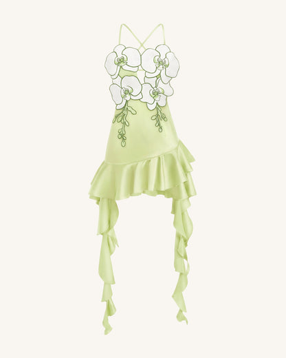 Orchid Embroidered Ruffle Hem Mini Dress - Light Green