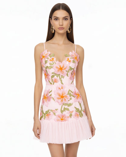 Floral Sling Mini Dress - Baby Blue