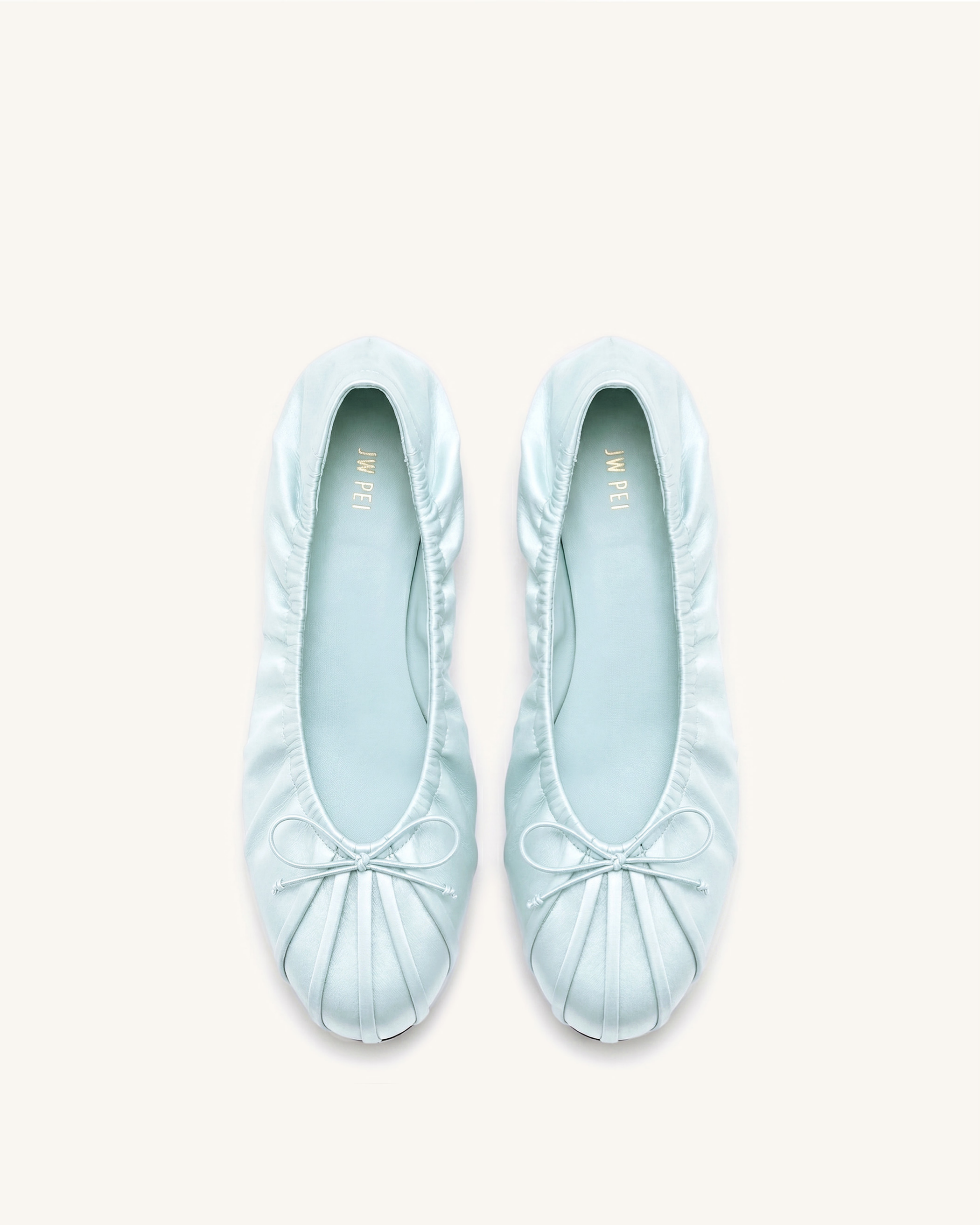 Solenne Ruched Drawstring Satin Ballet Flats - Beige