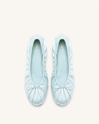 Solenne Ruched Drawstring Satin Ballet Flats - Blue