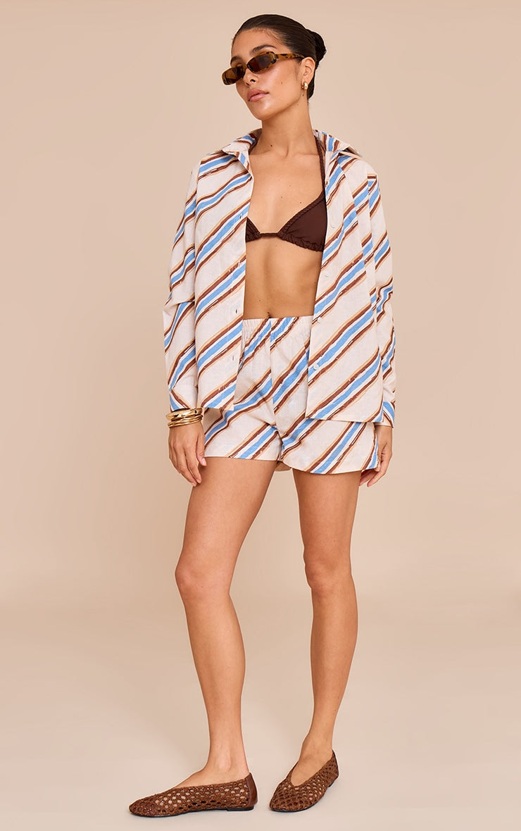 Petite Blue Stripe Linen Look High Rise Shorts