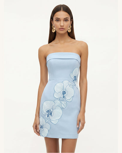Orchid Embroidered Strapless Sheath Midi Dress - Light Blue