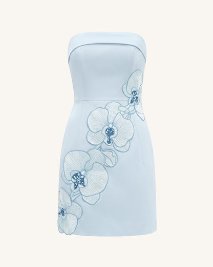 Orchid Embroidered Strapless Sheath Midi Dress - Light Blue
