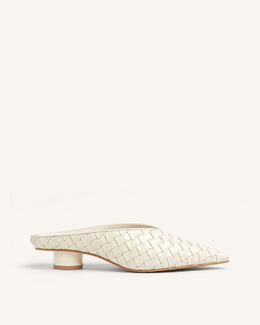Helena Woven Textured Pointed Toe Mules - Beige