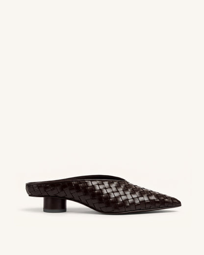 Helena Woven Textured Pointed Toe Mules - Olive Green