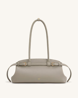 Arden Pebbled Belt Detail East-West Shoulder Bag - Taupe
